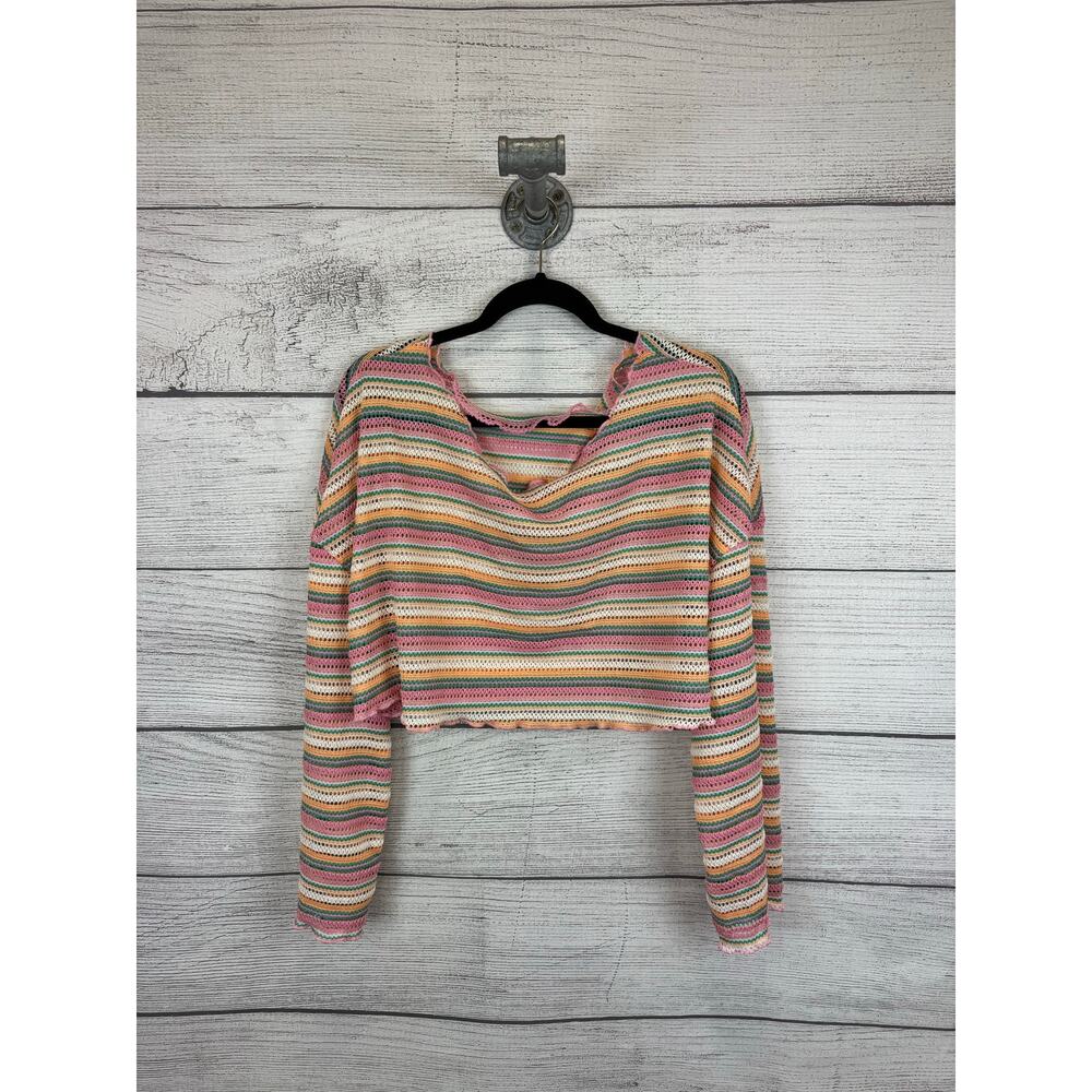 Shein Plus Size Pink & Orange Stripe Crop Knit Long Sleeve Cover Up Top Size 3XL